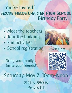 Azure Fields' Birthday invitation on watercolor background